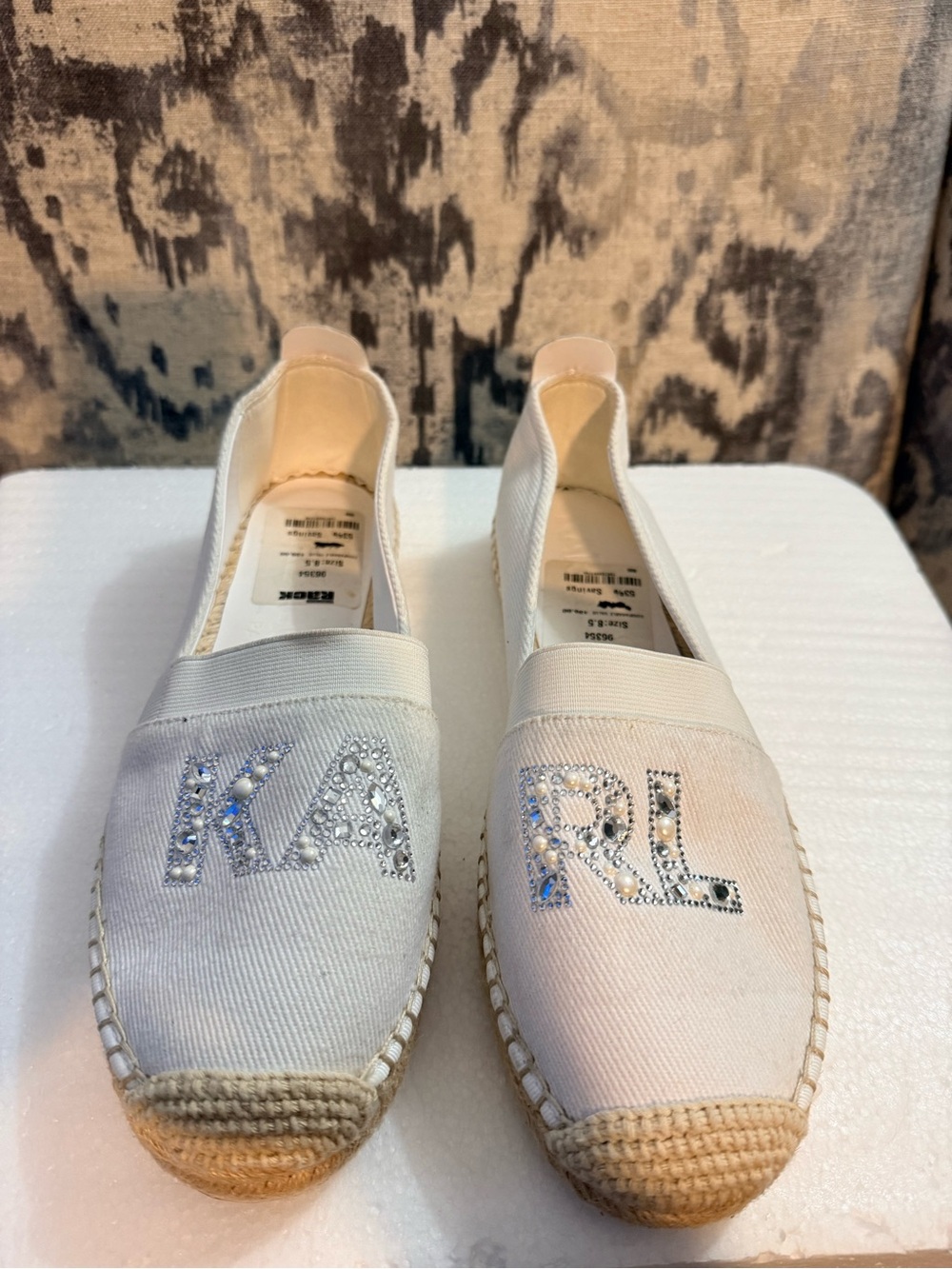 Karl Lagerfeld White Crystal Logo Espadrille Flats with Jute Sole